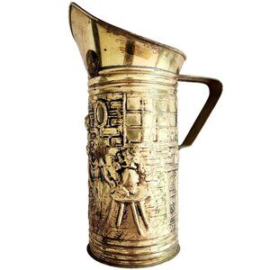 1940-50s Peerage Brass Decorative Pitcher Homestead Farmhouse Scene Antique E54